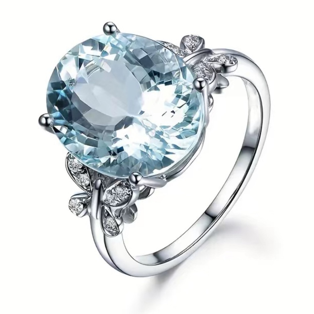 Silver Plated Aquamarine Oval Ring